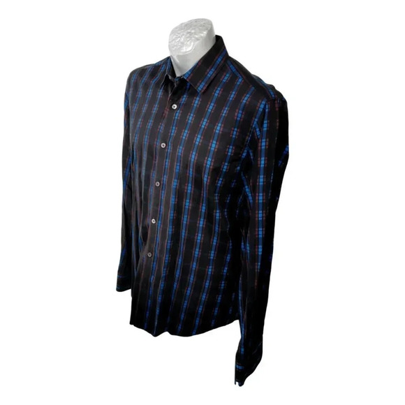 Bugatchi Umo Mens Shirt Size M Blue Black Burgundy Check - Picture 5 of 6